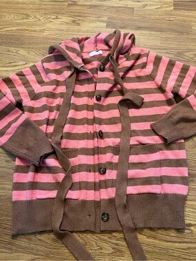 Pink Lily Striped Hooded Button up Knit Cardigan in Pink and Brown